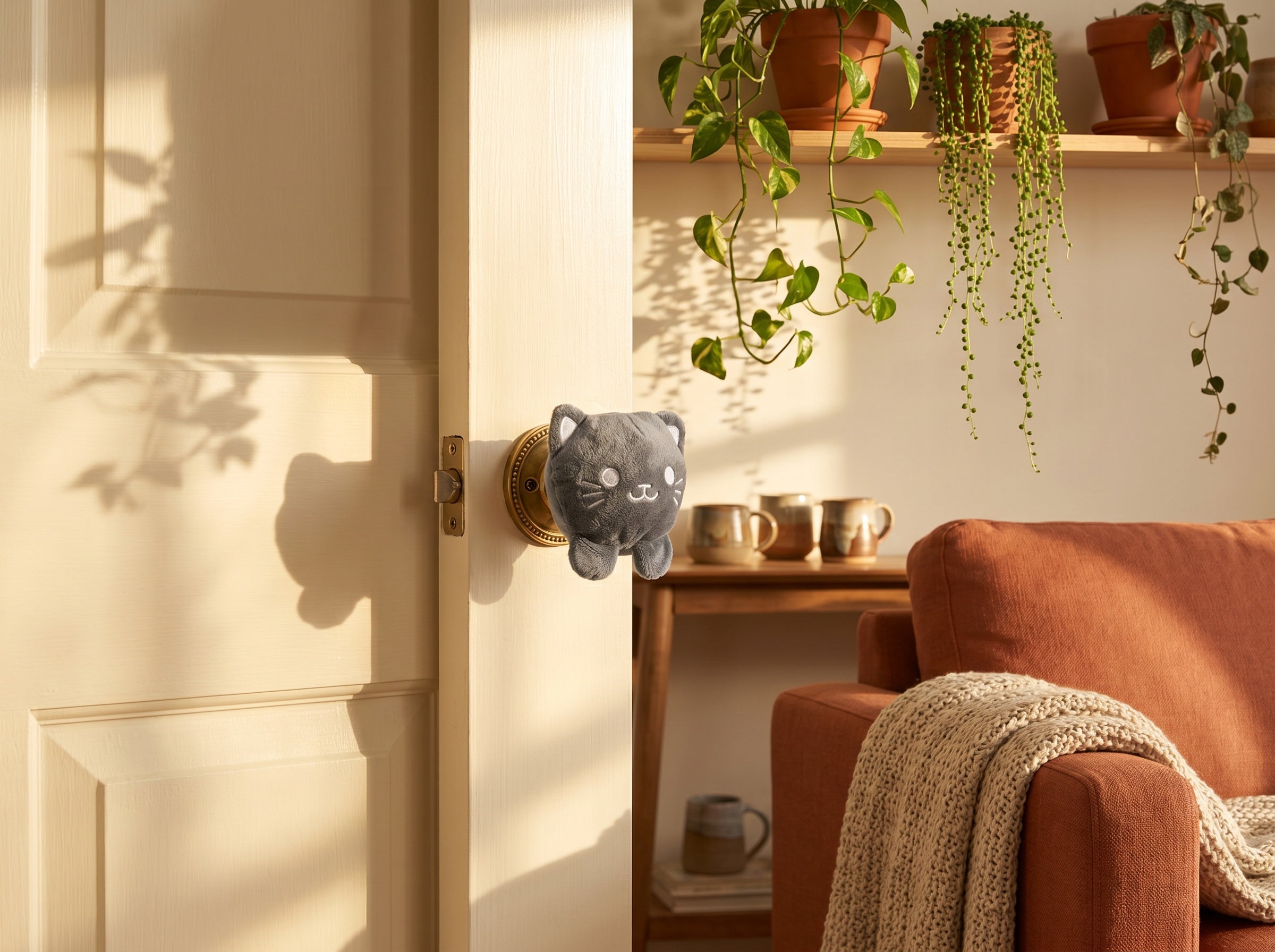Child smiling at a plush doorknob cover