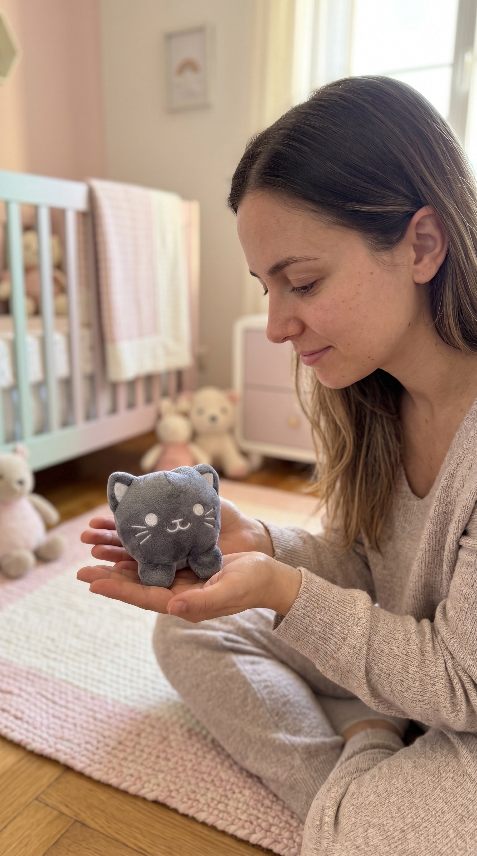Customer holding a Cute Futures cat cover at home